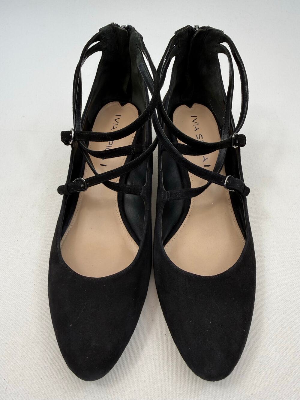 Via Spiga Black‎ Suede Strappy 2” Block Heel Pumps Womens Size 9 Quiet Luxury